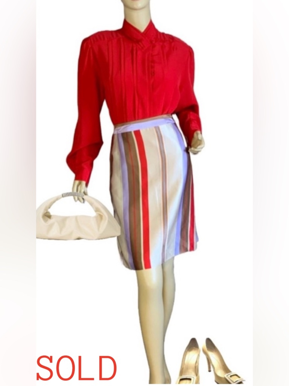 HARVE BENARD CREAM, BROWN, RED & VIOLET VINTAGE STRIPE SILK SKIRT NWT (12)